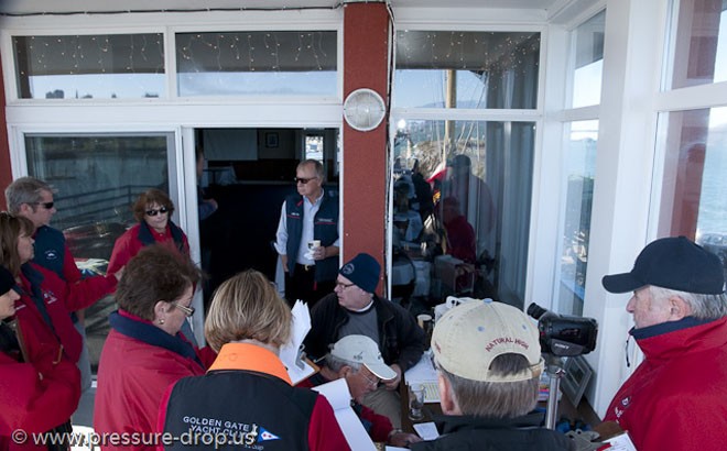 GGYC Race Officer Matt Jones provides the Race Committee with the low down - Manuel Fagundes Seaweed Soup Midwinter Regatta 2011 © Erik Simonson www.pressure-drop.us http://www.pressure-drop.us